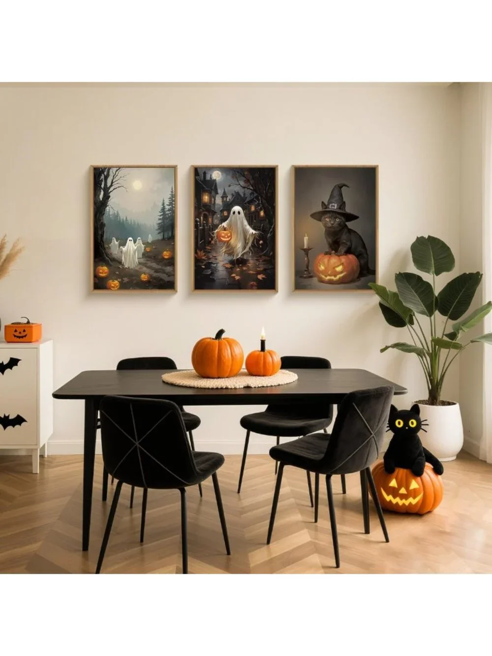 Spooky Halloween Ghost Pumpkin Canvas Art Set | Gothic Cat Witch Hat Decor